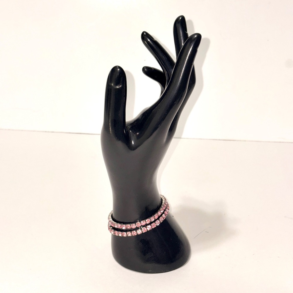 Pink Rhinestone Silver Tone Stretch Tennis Bracelet Set of 2 Bangle Extendable - Picture 3 of 11